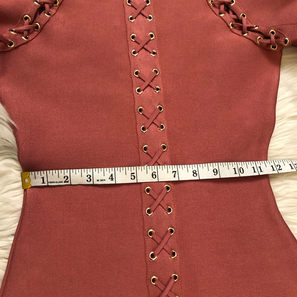 Windsor Bodycon Criss Cross Mock Neck Long Sleeve Rust Orange Mini Dress size S - Picture 10 of 11